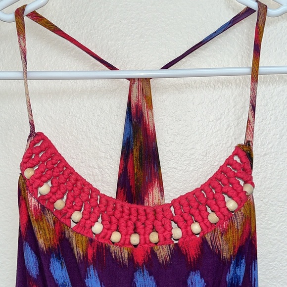 Mossimo Rayon Crochet, Wood Bead Colorful Zig Zag Halter Maxi Dress, Size Medium - Picture 1 of 13